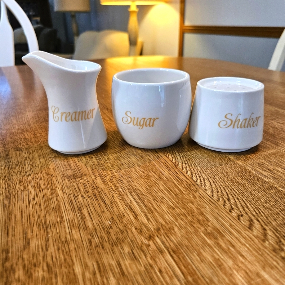 White Creamer, Sugar, and Shaker Set, Avon